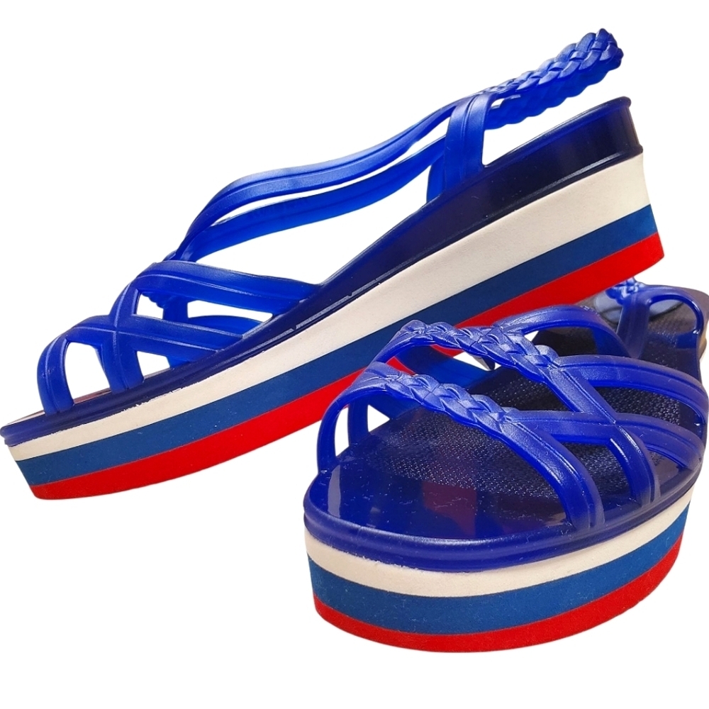 Lemon Jelly Red, White, & Blue Platform Sandals. 39